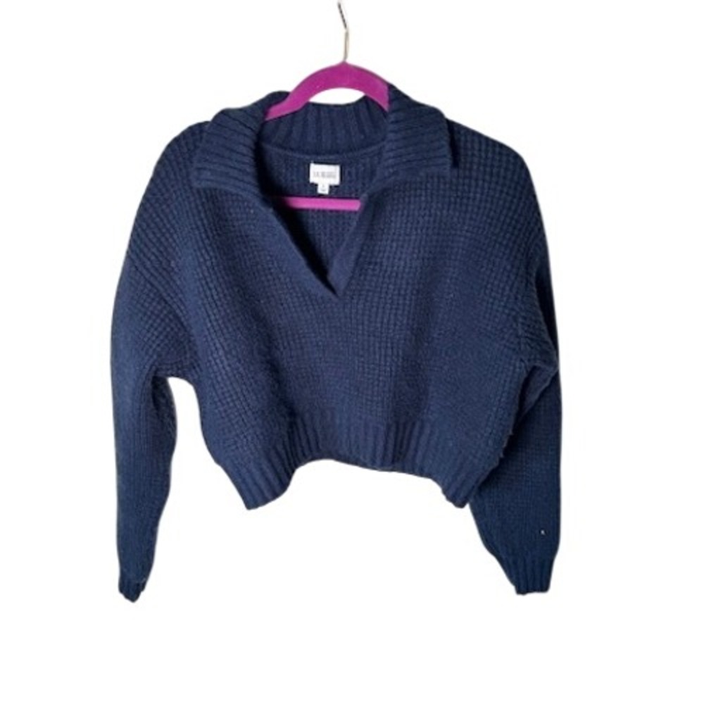 L.A. Hearts Cropped Polo Sweater Navy Blue Waffle Knit V-Neck Size S